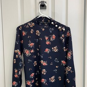 Silky navy blue zara blouse with pearl detail.